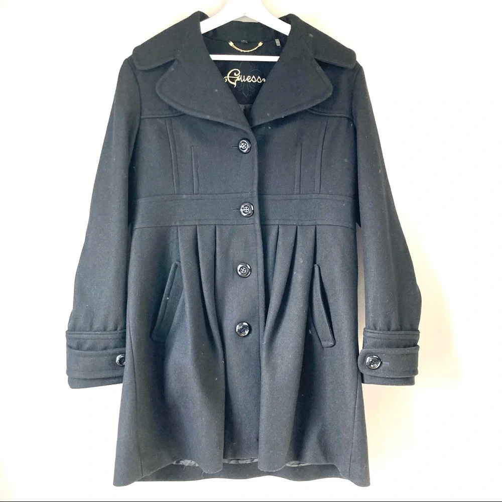 Guess black wool blend swing pea coat large button pockets cinch back pleats
